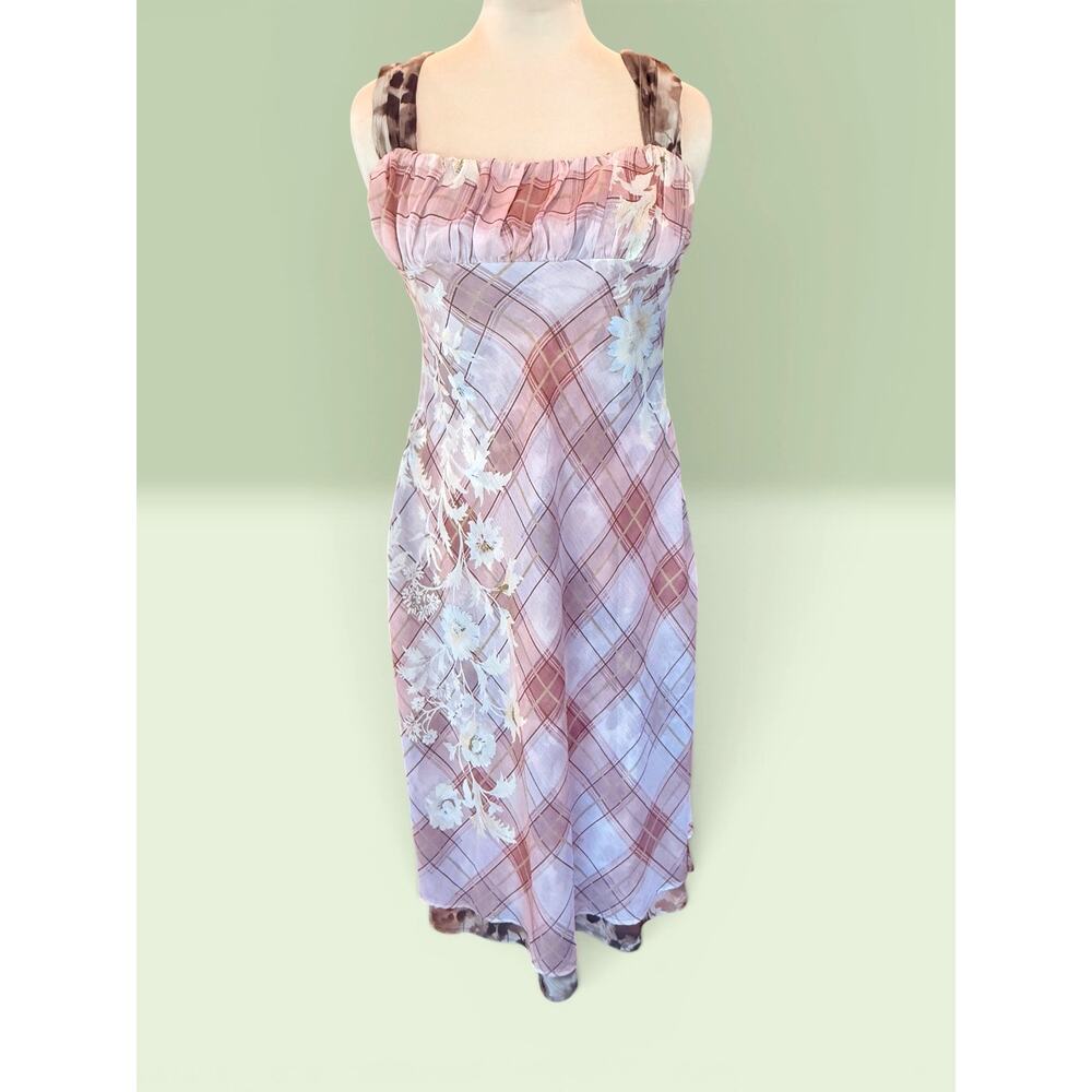 Free People Plaid Floral Mixed Print Midi Slip Dress Boho Bias Cut Size S
